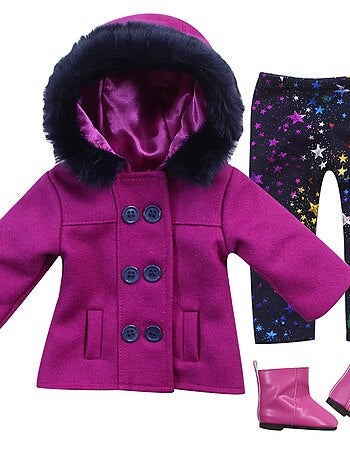 Poupée 18" - Caban fuchsia, leggings à imprimé étoiles et bottines