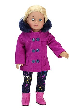 Poupée 18" - Caban fuchsia, leggings à imprimé étoiles et bottines