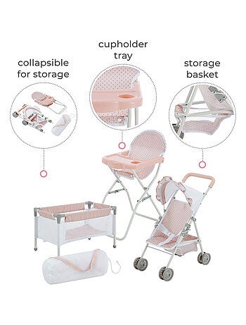 Poupée Station de Nurserie 3pcs Lit Bebe Chaise Haute et Poussette