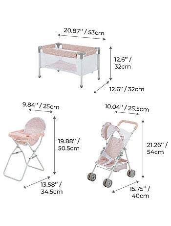 Poupée Station de Nurserie 3pcs Lit Bebe Chaise Haute et Poussette