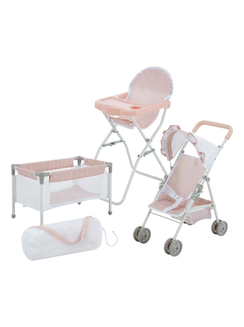 Poupée Station de Nurserie 3pcs Lit Bebe Chaise Haute et Poussette Rose - Kiabi
