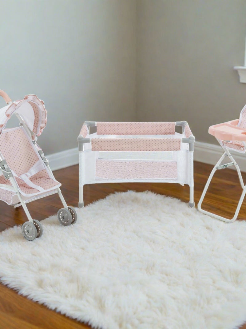 Poupée Station de Nurserie 3pcs Lit Bebe Chaise Haute et Poussette Rose - Kiabi