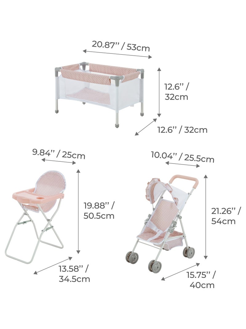 Poupée Station de Nurserie 3pcs Lit Bebe Chaise Haute et Poussette Rose - Kiabi