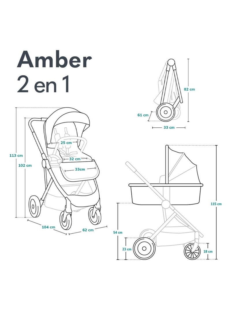 Poussette 2 en 1 LIONELO Amber - Pack poussette, Nacelle, Sac et Accessoires - Jusqu'à 22kg Bleu - Kiabi