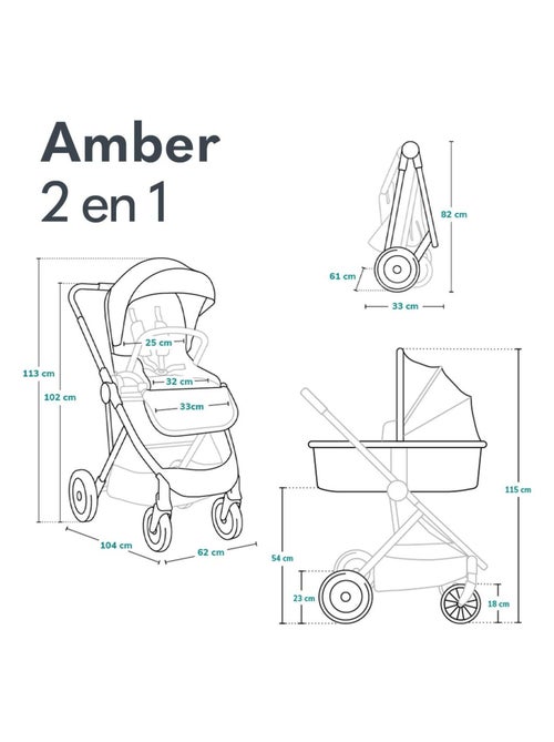 Poussette 2 en 1 LIONELO Amber - Pack poussette, Nacelle, Sac et Accessoires - Jusqu'à 22kg - Kiabi
