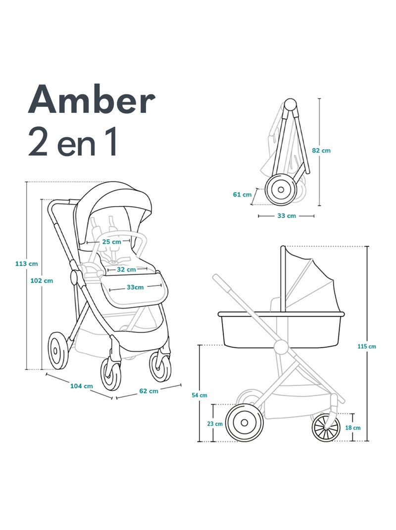 Poussette 2 en 1 LIONELO Amber - Pack poussette, Nacelle, Sac et Accessoires - Jusqu'à 22kg Rose - Kiabi