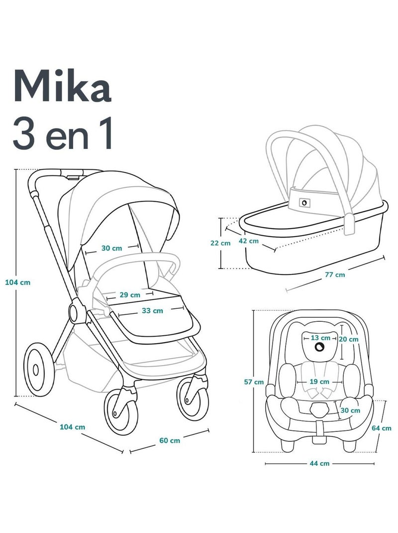 Poussette 3 en 1 LIONELO Mika - Jusqu'à 22kg - Pack Poussette, Nacelle, Cosi et Accessoires Bleu - Kiabi