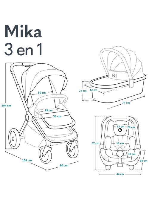 Poussette 3 en 1 LIONELO Mika - Jusqu'à 22kg - Pack Poussette, Nacelle, Cosi et Accessoires - Kiabi