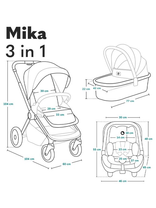 Poussette 3 en 1 LIONELO Mika - Jusqu'à 22kg - Pack Poussette, Nacelle, Cosi et Accessoires - Kiabi