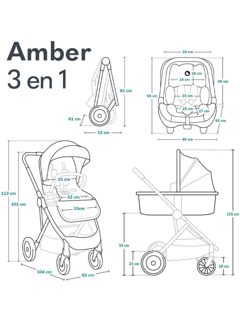 Poussette 3en1 LIONELO Amber - 0-22kg - Pack poussette, Nacelle, Cosi, Sac et accessoires Bleu Noir - Kiabi