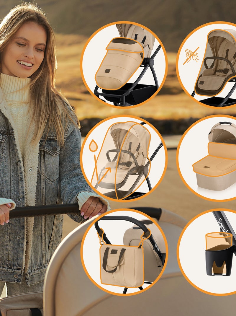 Poussette 3en1 LIONELO Meril - Pack poussette, Nacelle, Cosi, Sac et accessoires Beige - Kiabi