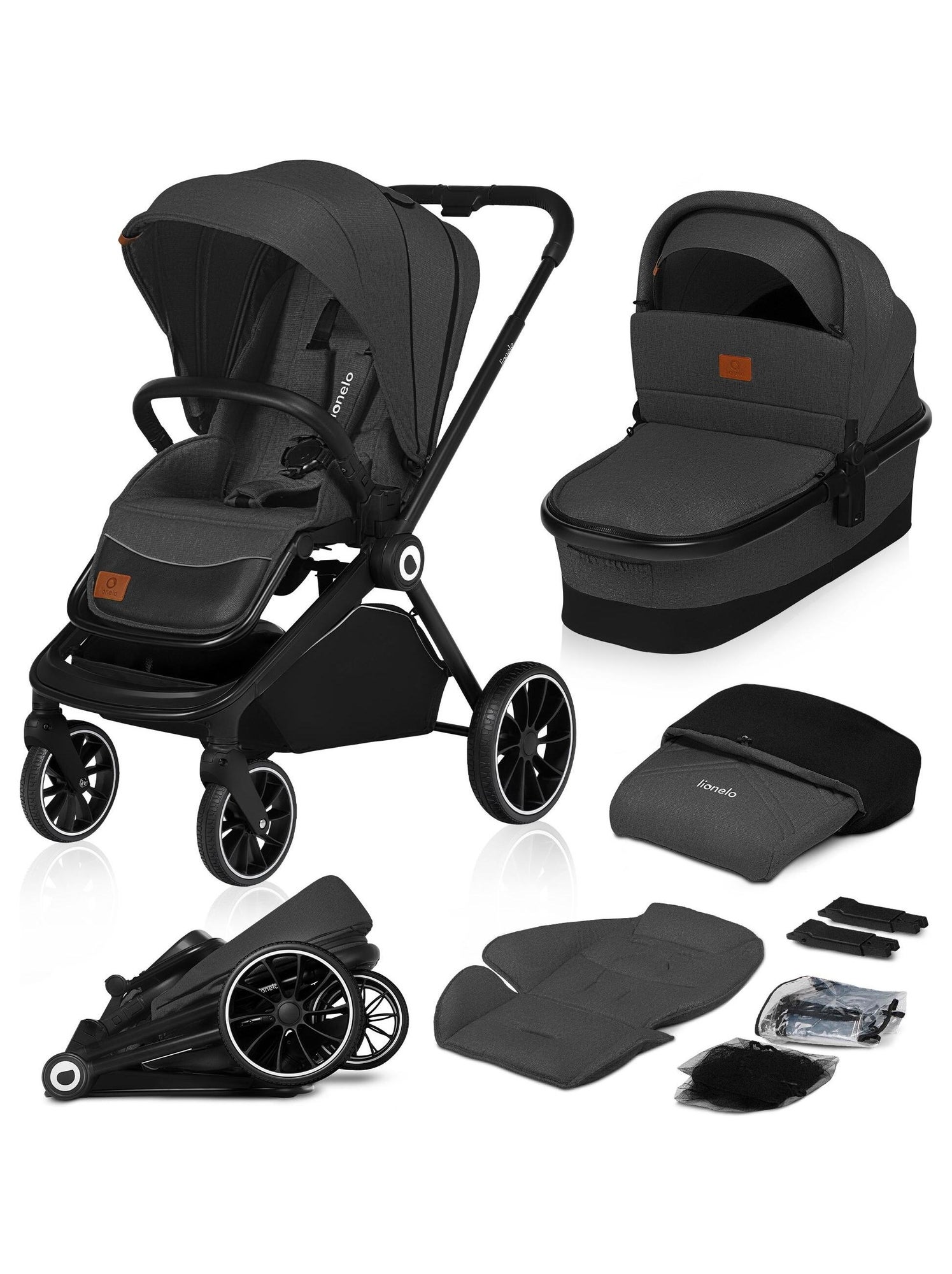 Poussette bebe 2en1 LIONELO Mika Inclu nacelle et accessoires Grandes roues Gris fonce Gris Kiabi 304.99