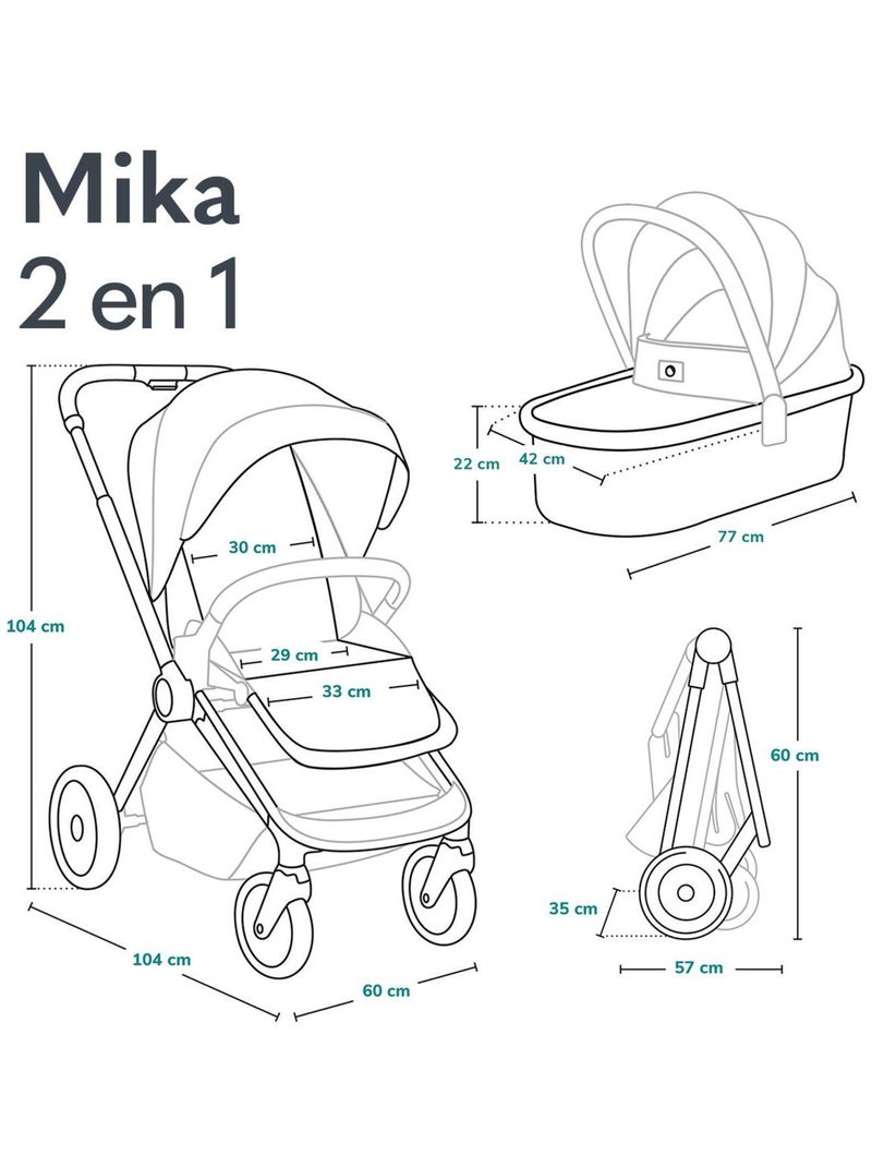 Poussette bébé 2en1 - LIONELO Mika - Inclu nacelle et accessoires - Grandes roues - Gris foncé Gris - Kiabi