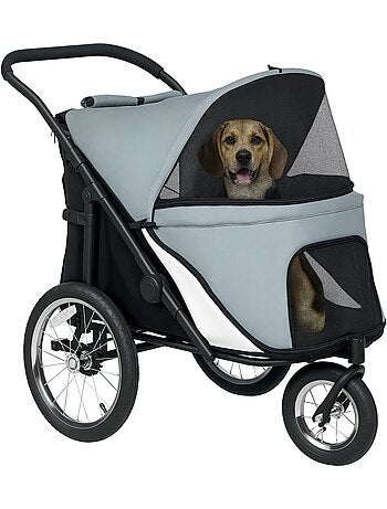 Poussette buggy chien 3 roues pliable pneus gonflables gris