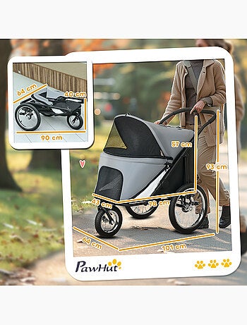 Poussette buggy chien 3 roues pliable pneus gonflables gris