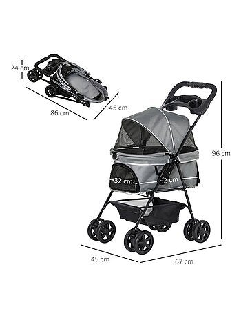 Poussette buggy pliable chien chat panier rangement 4 roues