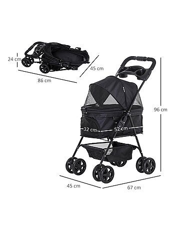Poussette buggy pliable chien chat panier rangement 4 roues