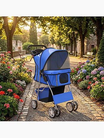 Poussette buggy pliable chien chat porte-gobelet panier de rangement bleu