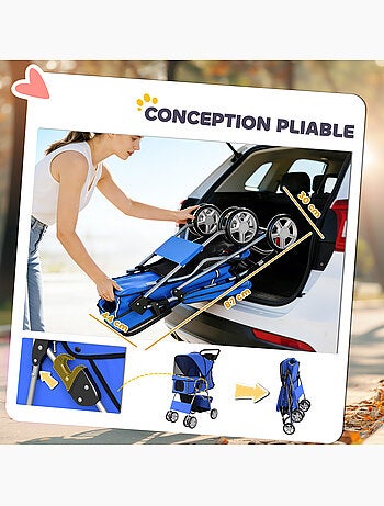 Poussette buggy pliable chien chat porte-gobelet panier de rangement bleu