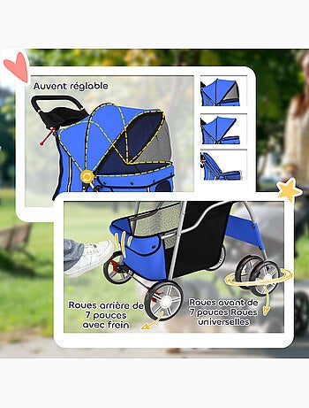 Poussette buggy pliable chien chat porte-gobelet panier de rangement bleu