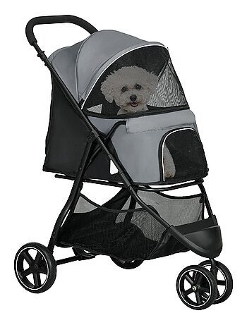Poussette buggy pliable pour chien chat acier oxford gris