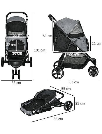 Poussette buggy pliable pour chien chat acier oxford gris
