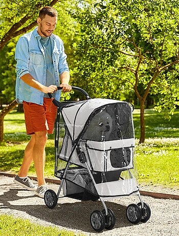 Poussette buggy pliable pour chiens tissu 600D Oxford imperméable 4 roues gris