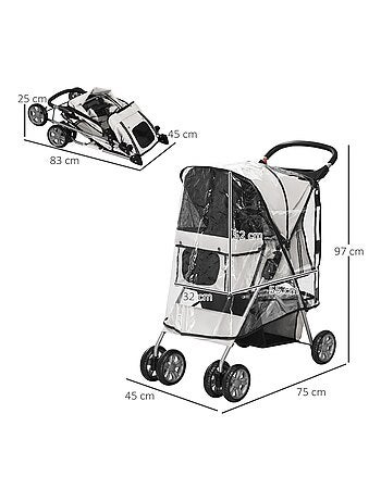 Poussette buggy pliable pour chiens tissu 600D Oxford imperméable 4 roues gris