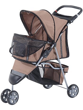 Poussette buggy pour chien chat animaux roue avant pivotante 360° marron
