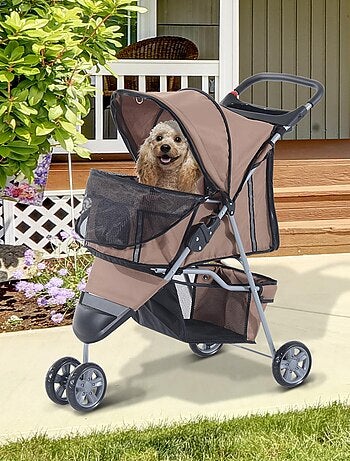 Poussette buggy pour chien chat animaux roue avant pivotante 360° marron