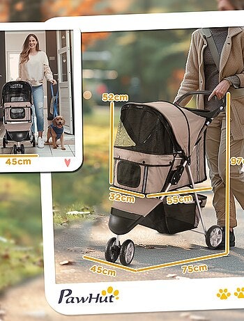Poussette buggy pour chien chat animaux roue avant pivotante 360° marron