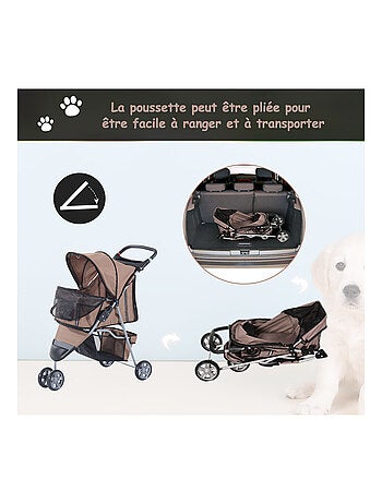 Poussette buggy pour chien chat animaux roue avant pivotante 360° marron