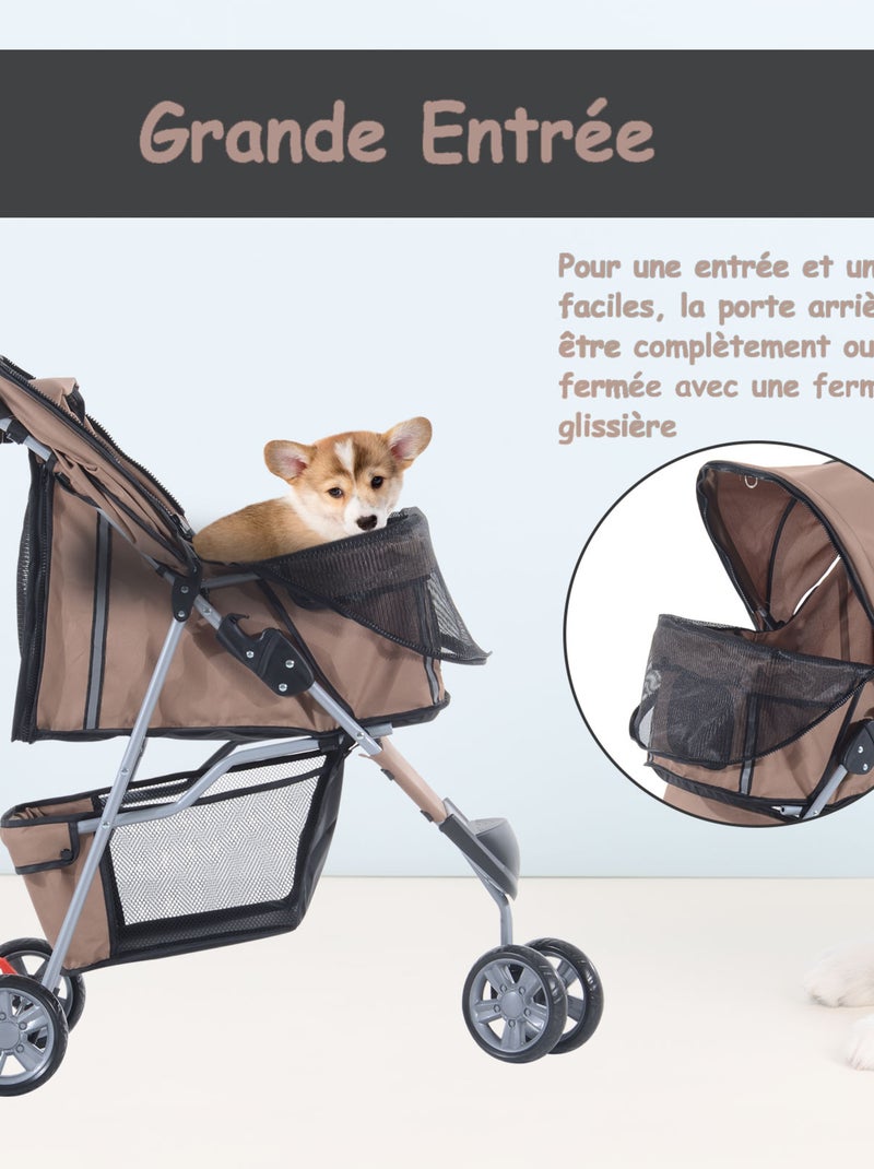 Poussette buggy pour chien chat animaux roue avant pivotante 360° marron Marron - Kiabi