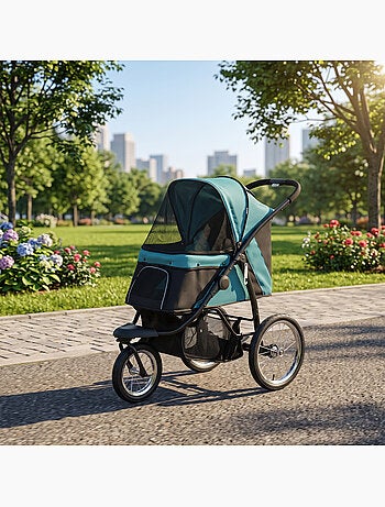 Poussette buggy pour chien pliable 3 grandes roues vert