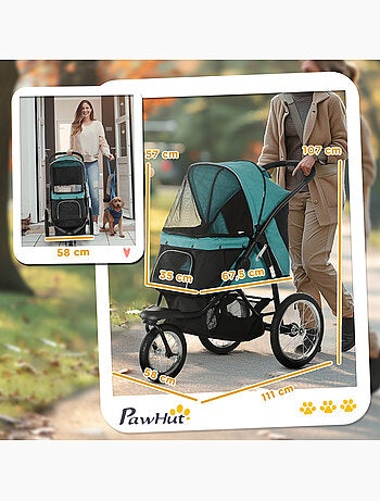 Poussette buggy pour chien pliable 3 grandes roues vert