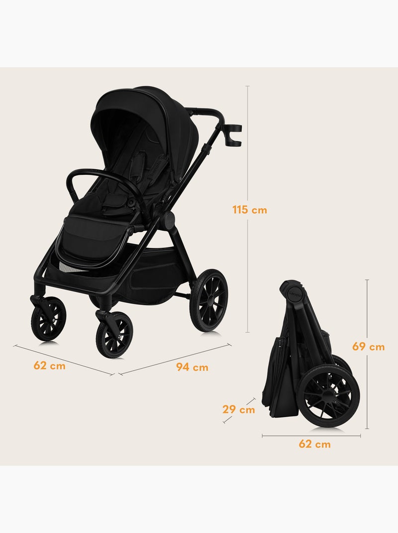 Poussette combinée 2en1 LIONELO Layla - Jusqu'à 22kg - Pack poussette, Nacelle, sac et accessoires Noir - Kiabi
