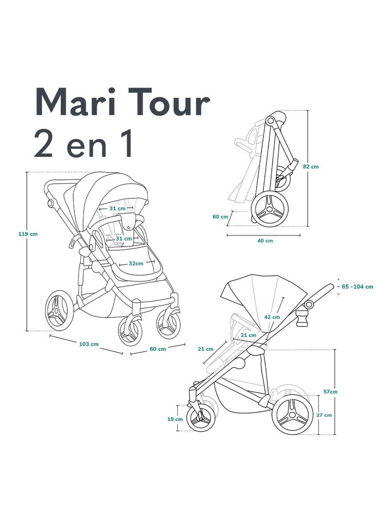 Poussette combinée 2en1 Lionelo Mari Tour - Grandes roues - Housse de pluie et plus Gris - Kiabi