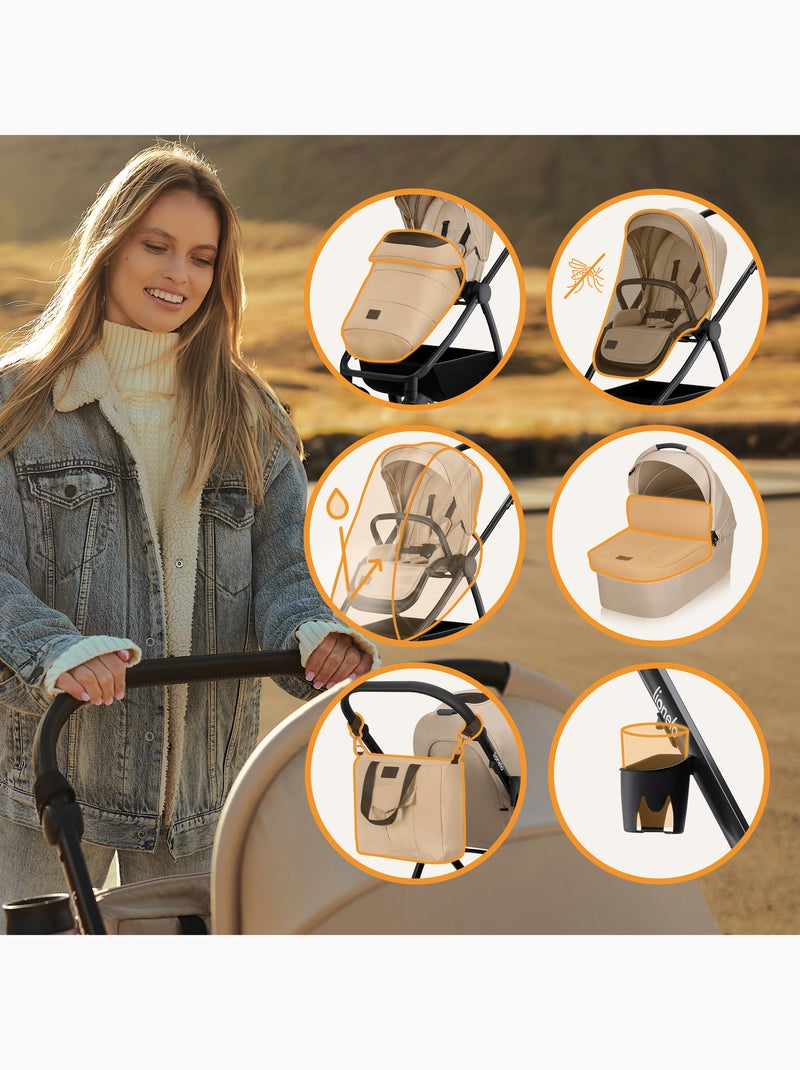 Poussette combinée 2en1 LIONELO Meril - Jusqu'à 22kg - Pack poussette, Nacelle, sac et accessoires Beige - Kiabi