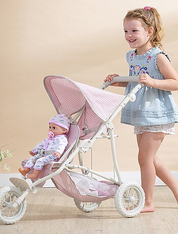 Poussette Double Jogging Poupées à Pois avec Panier, Rose, 75cm