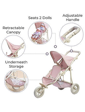 Poussette Double Jogging Poupées à Pois avec Panier, Rose, 75cm