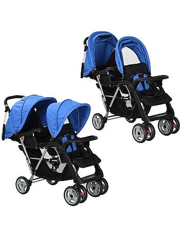 Poussette double tandem citadine pliable en acier grise et noire - vidaxl