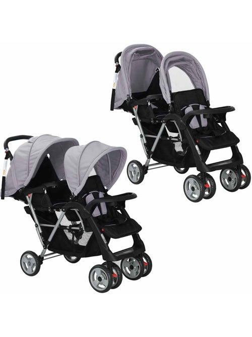 Poussette double tandem citadine pliable en acier grise et noire - vidaxl - Kiabi