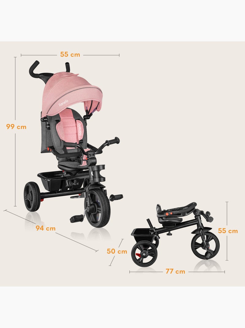 Poussette et tricycle bébé LIONELO Haari - Jusqu'à 25 Kg - Siège réversible - Panier et Sac inclus Rose - Kiabi