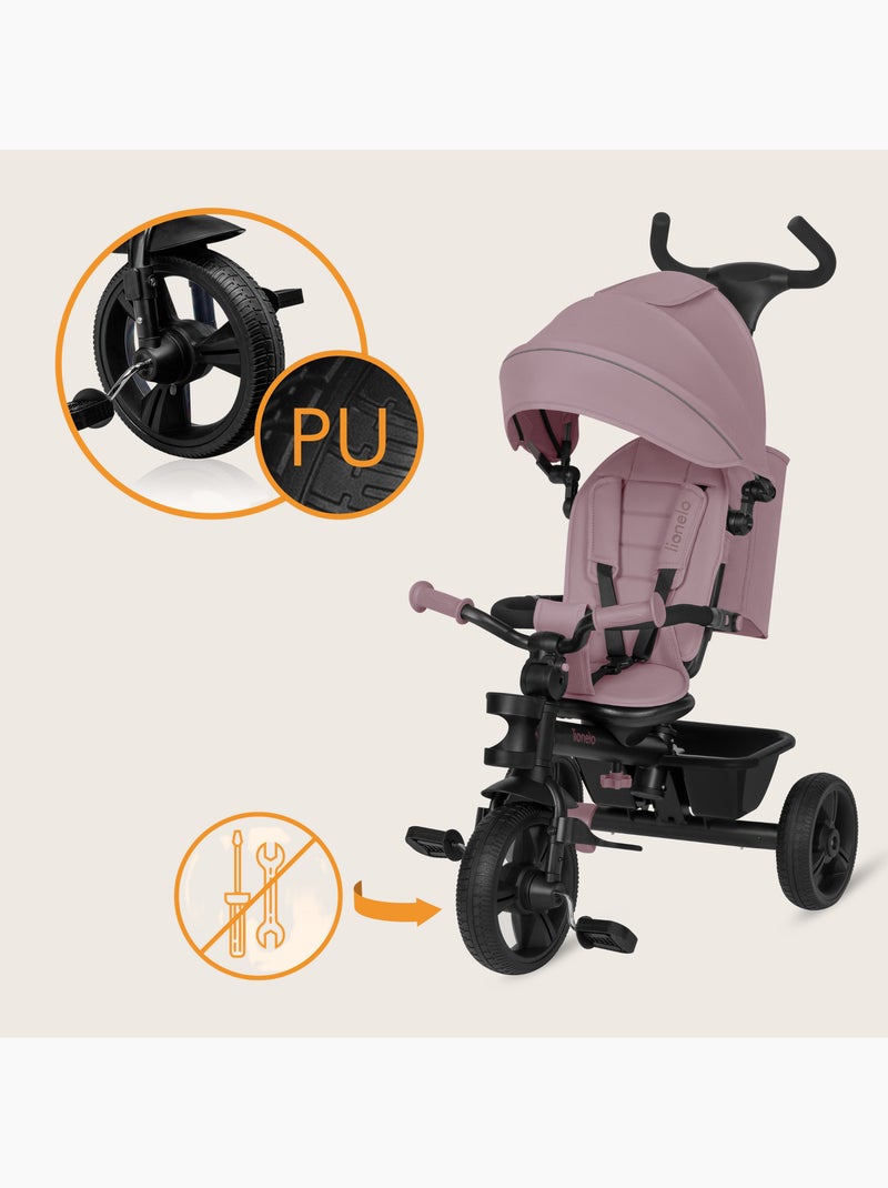 Poussette et tricycle bébé lionelo haari - jusqu'à 25 kg - siège réversible - panier et sac inclus Rose pastel - Kiabi