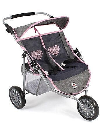 Poussette Jogger 3 roues pour poupées jumelles gris bleu marine
