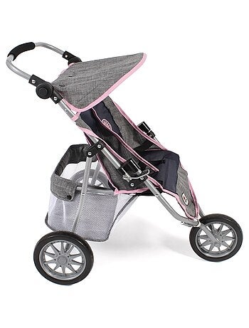Poussette Jogger 3 roues pour poupées jumelles gris bleu marine