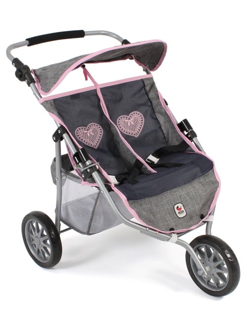 Poussette Jogger 3 roues pour poupées jumelles gris bleu marine - Kiabi