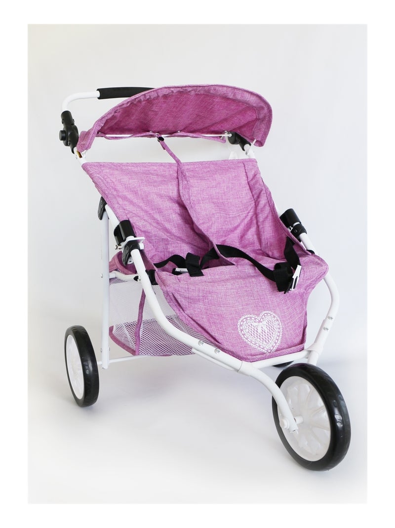 Poussette Jogger 3 roues pour poupées jumelles jean rose Rose - Kiabi