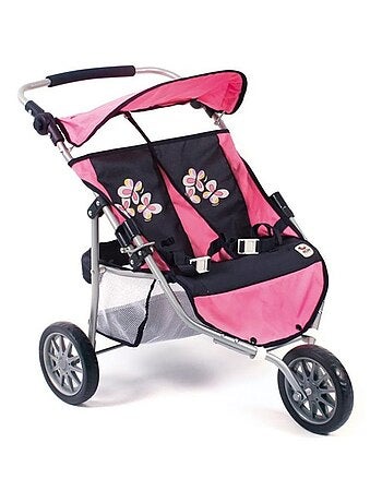 Poussette Jogger 3 roues pour poupées jumelles rose bleu foncé