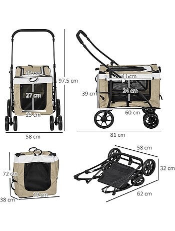 Poussette pliable animaux chien chat nacelle amovible 4 roues kaki